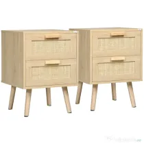 HOMCOM Set 2 Noptiere Boho Elegante, Mobilier Dormitor cu 2 Sertare, 40x40x56cm, Lemn Natural | Aosom Romania