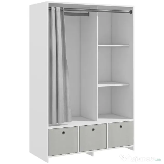 HOMCOM Dulap Modern cu Bară de Agățat, 3 Compartimente și Sertare din Țesătură, Organizator de Haine pentru Dormitor, Natural | Aosom Romania