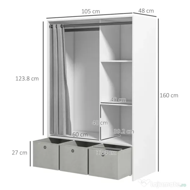 HOMCOM Dulap Modern cu Bară de Agățat, 3 Compartimente și Sertare din Țesătură, Organizator de Haine pentru Dormitor, Natural | Aosom Romania