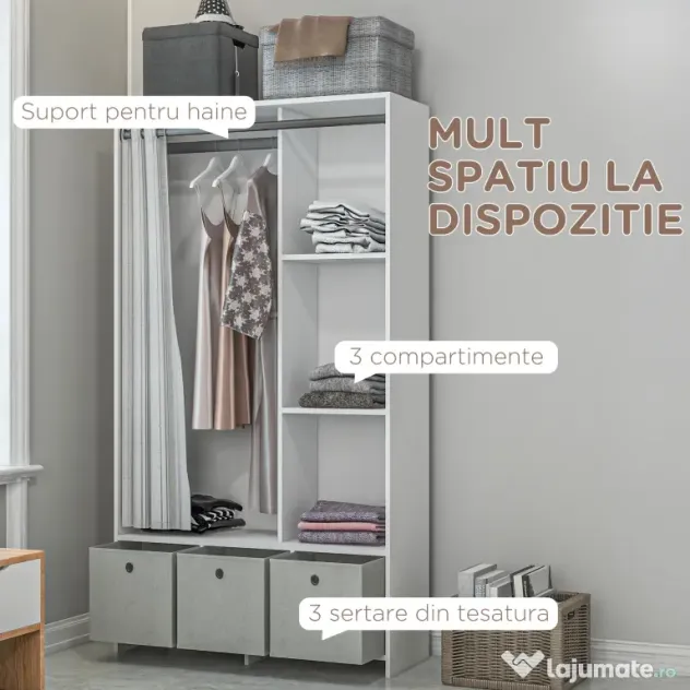HOMCOM Dulap Modern cu Bară de Agățat, 3 Compartimente și Sertare din Țesătură, Organizator de Haine pentru Dormitor, Natural | Aosom Romania