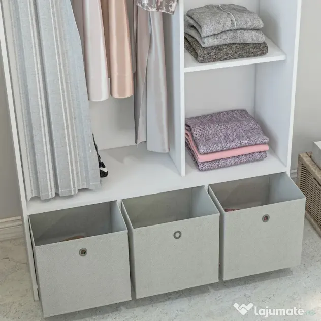 HOMCOM Dulap Modern cu Bară de Agățat, 3 Compartimente și Sertare din Țesătură, Organizator de Haine pentru Dormitor, Natural | Aosom Romania