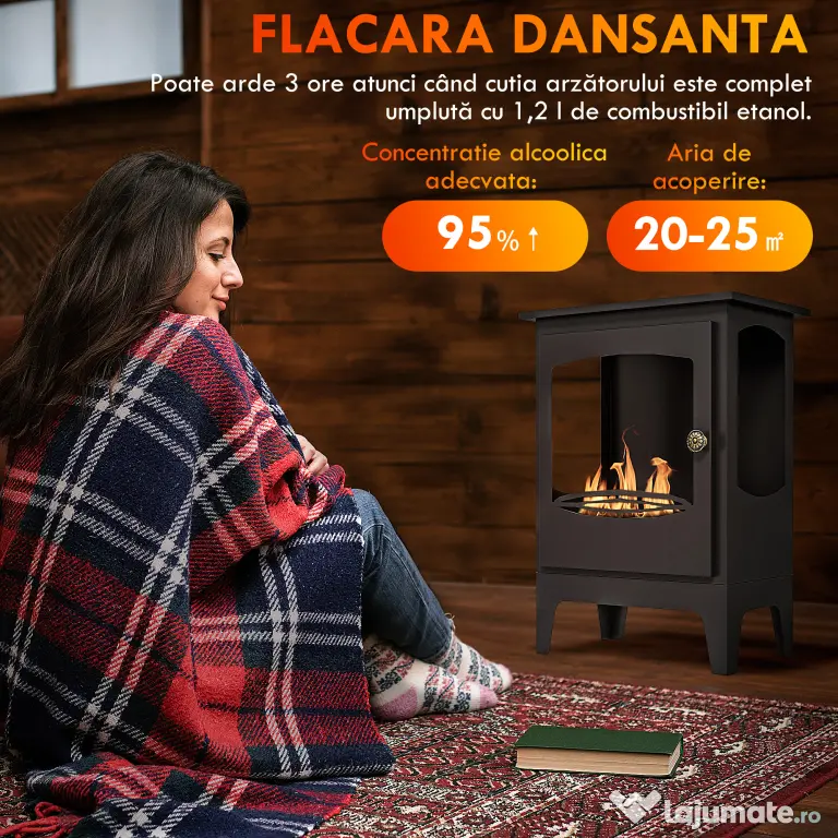 HOMCOM Șemineu pe Bioetanol, Bioșemineu cu Arzător de 1,2L pentru 3 Ore Durată de Ardere, 36x26x54 cm, Negru