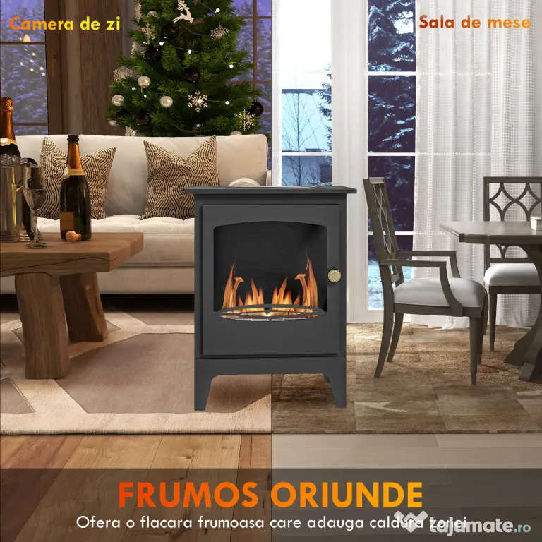 HOMCOM Șemineu pe Bioetanol, Bioșemineu cu Arzător de 1,2L pentru 3 Ore Durată de Ardere, 36x26x54 cm, Negru