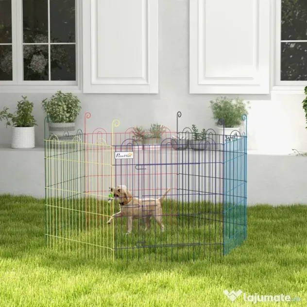 Gard pentru Caini cu 6 Panouri cu Inchidere cu Zavor, Gard pentru Caini Talie Medie din Metal, Ø120x60 cm, Multicolor PawHut | Aosom Romania