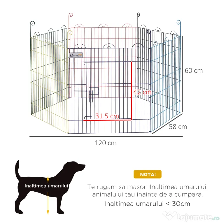 Gard pentru Caini cu 6 Panouri cu Inchidere cu Zavor, Gard pentru Caini Talie Medie din Metal, Ø120x60 cm, Multicolor PawHut | Aosom Romania
