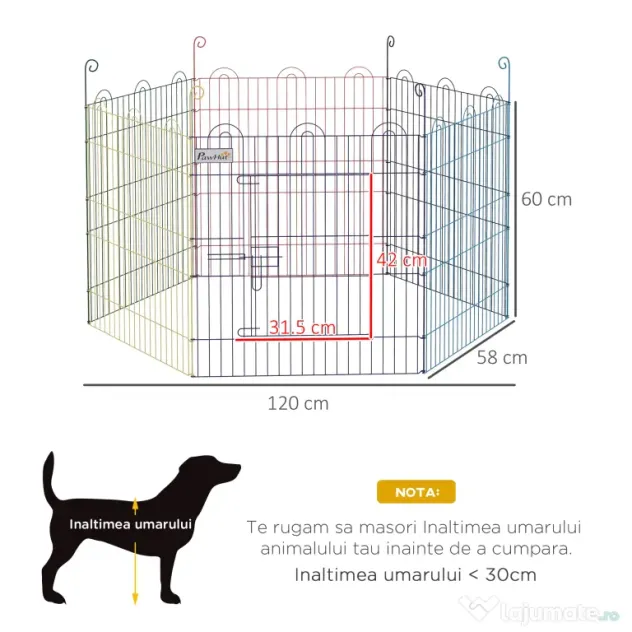 Gard pentru Caini cu 6 Panouri cu Inchidere cu Zavor, Gard pentru Caini Talie Medie din Metal, Ø120x60 cm, Multicolor PawHut | Aosom Romania