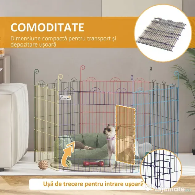Gard pentru Caini cu 6 Panouri cu Inchidere cu Zavor, Gard pentru Caini Talie Medie din Metal, Ø120x60 cm, Multicolor PawHut | Aosom Romania