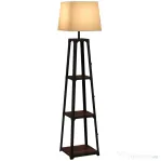 HOMCOM Lampă de Podea din Metal și MDF cu 3 Rafturi și Abajur din Material Textil, Ø42x166 cm, Negru și Bej
