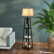 Lampa de Podea cu Rafturi, Inalta, Independenta, cu Abajur din Material Textil (Becul Nu Este Inclus), Nuc Maro si Bej, HOMCOM | Aosom Romania 