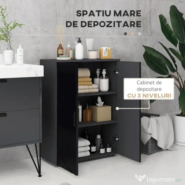 Kleankin Dulap de baie din lemn cu 2 uși, dulap de baie cu închidere amortizată și 3 rafturi, 60x30x82cm, negru | Aosom Romania