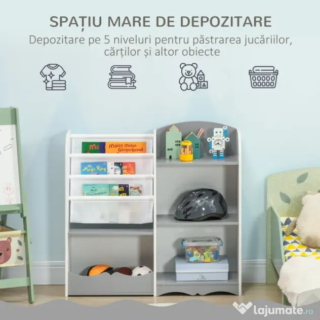 Raft pentru jucării pentru copii Mobilier dormitor din lemn, mobilier pentru sufragerie și creșă, 85x26x84cm, gri ZONEKIZ | Aosom Romania