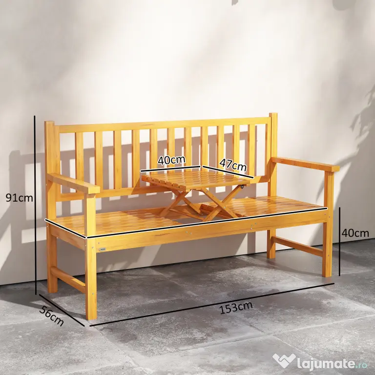 Outsunny Bancă de Grădină pentru 2-3 Persoane din Lemn de Pin, Bancă de Exterior cu Măsuță Rabatabilă și Brațe, pentru Balcon și Terasă, 153x56x91 cm, Maro Deschis | Aosom Romania