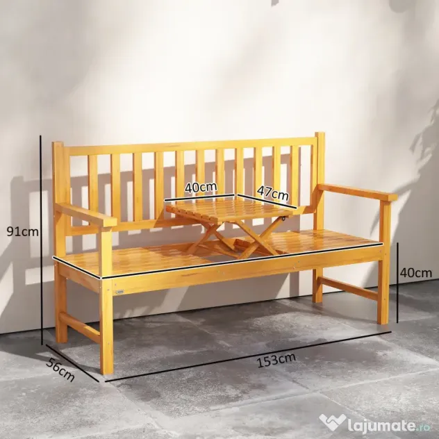 Outsunny Bancă de Grădină pentru 2-3 Persoane din Lemn de Pin, Bancă de Exterior cu Măsuță Rabatabilă și Brațe, pentru Balcon și Terasă, 153x56x91 cm, Maro Deschis | Aosom Romania