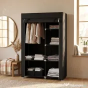 HOMCOM Dulap Portabil din Material, Dulap cu 6 Rafturi Deschise, 1 Bară și Ușă cu Fermoar, 103x43x162,5 cm, Negru | Aosom Romania 