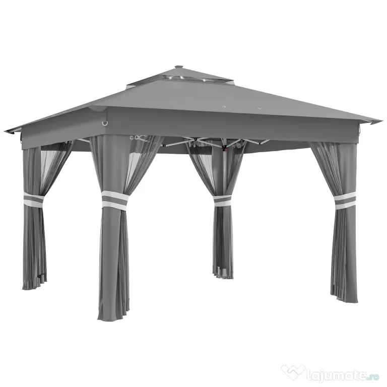 Outsunny Foisor tip pop-up 3 x 3(m),20 lumini LED alimentate de la soare,geanta cu roti, 4 saci de greutate, inaltime reglabila, Gri | Aosom Romania