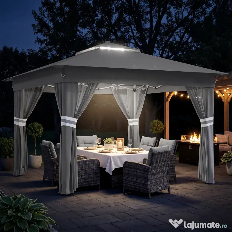 Outsunny Foisor tip pop-up 3 x 3(m),20 lumini LED alimentate de la soare,geanta cu roti, 4 saci de greutate, inaltime reglabila, Gri | Aosom Romania