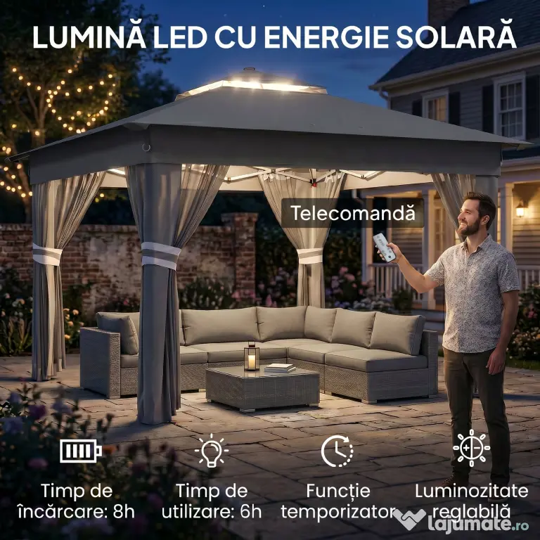 Outsunny Foisor tip pop-up 3 x 3(m),20 lumini LED alimentate de la soare,geanta cu roti, 4 saci de greutate, inaltime reglabila, Gri | Aosom Romania