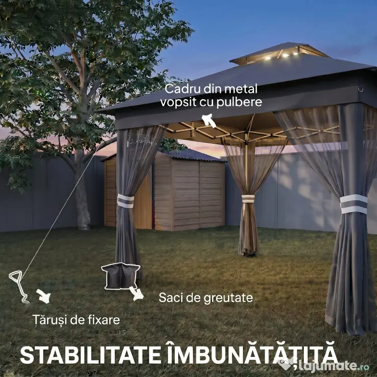 Outsunny Foisor tip pop-up 3 x 3(m),20 lumini LED alimentate de la soare,geanta cu roti, 4 saci de greutate, inaltime reglabila, Gri | Aosom Romania