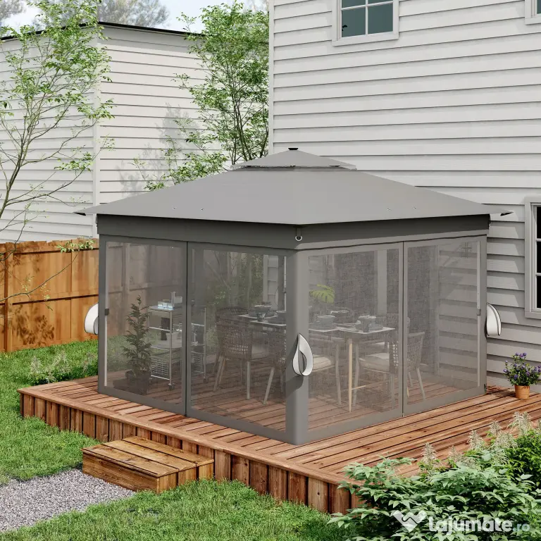Outsunny Foisor tip pop-up 3 x 3(m),20 lumini LED alimentate de la soare,geanta cu roti, 4 saci de greutate, inaltime reglabila, Gri | Aosom Romania