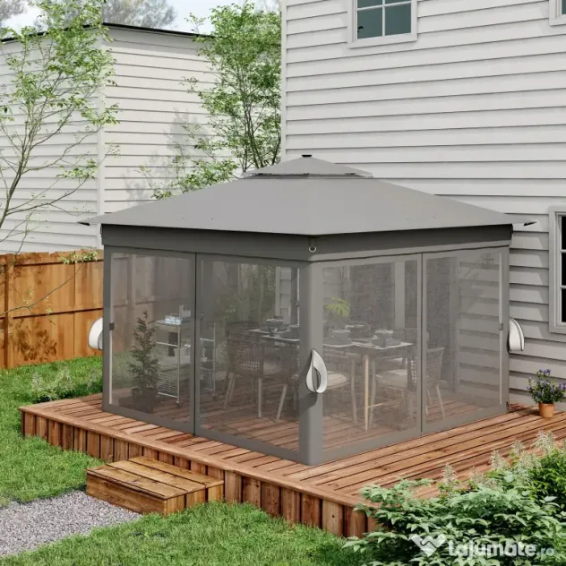 Outsunny Foisor tip pop-up 3 x 3(m),20 lumini LED alimentate de la soare,geanta cu roti, 4 saci de greutate, inaltime reglabila, Gri | Aosom Romania