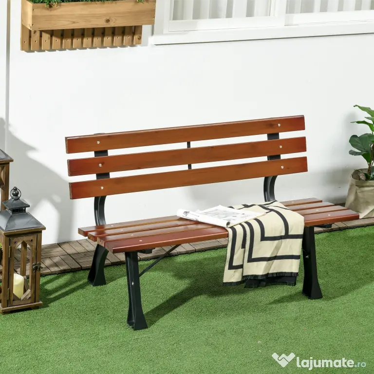 Outsunny Bancă cu 2 locuri, pentru grădină și terasă, fontă de aluminiu + lemn natural, 120 x 57 x 70 cm, Maro | Aosom Romania