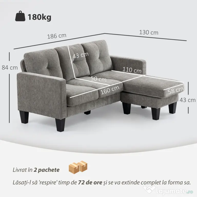 HOMCOM Canapea Colțar Extensibil cu Șezlong Reversibil, Pernă pentru Șezut și Spătar și 3 Locuri, 186x130x84 cm, Maro | Aosom Romania