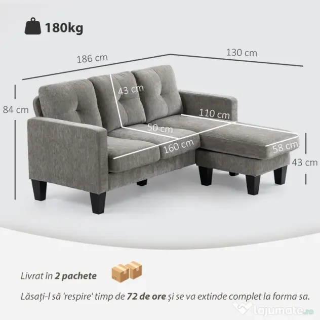 HOMCOM Canapea Colțar Extensibil cu Șezlong Reversibil, Pernă pentru Șezut și Spătar și 3 Locuri, 186x130x84 cm, Maro | Aosom Romania