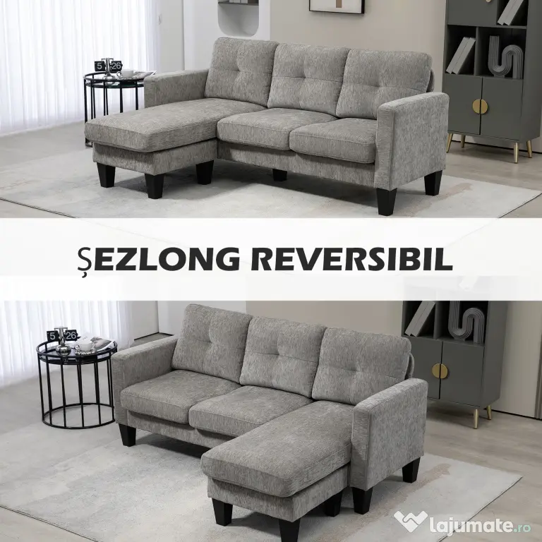 HOMCOM Canapea Colțar Extensibil cu Șezlong Reversibil, Pernă pentru Șezut și Spătar și 3 Locuri, 186x130x84 cm, Maro | Aosom Romania