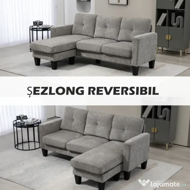 HOMCOM Canapea Colțar Extensibil cu Șezlong Reversibil, Pernă pentru Șezut și Spătar și 3 Locuri, 186x130x84 cm, Maro | Aosom Romania