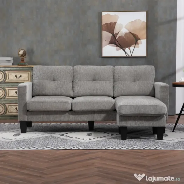 HOMCOM Canapea Colțar Extensibil cu Șezlong Reversibil, Pernă pentru Șezut și Spătar și 3 Locuri, 186x130x84 cm, Maro | Aosom Romania