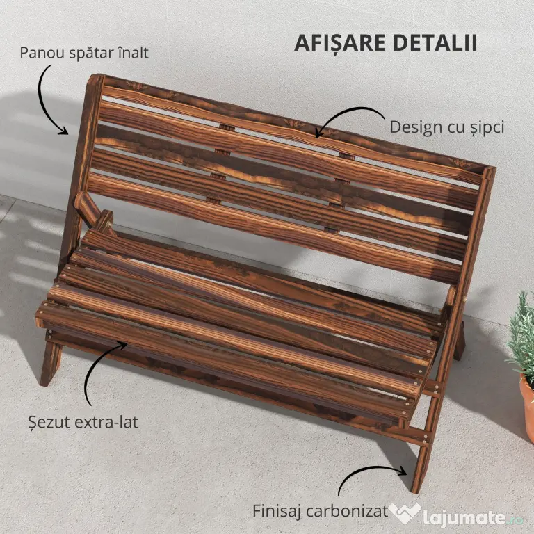 Outsunny Bancă de Exterior din Lemn pentru 2 Persoane, Bancă Pliabilă cu Spătar și Șezut cu Șipci, Bancă pentru Patio, Finisaj Carbonizat | Aosom Romania