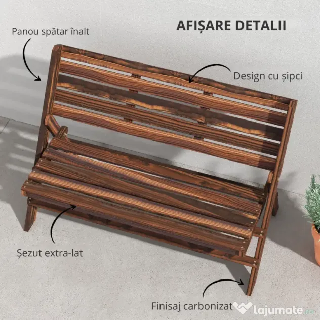 Outsunny Bancă de Exterior din Lemn pentru 2 Persoane, Bancă Pliabilă cu Spătar și Șezut cu Șipci, Bancă pentru Patio, Finisaj Carbonizat | Aosom Romania