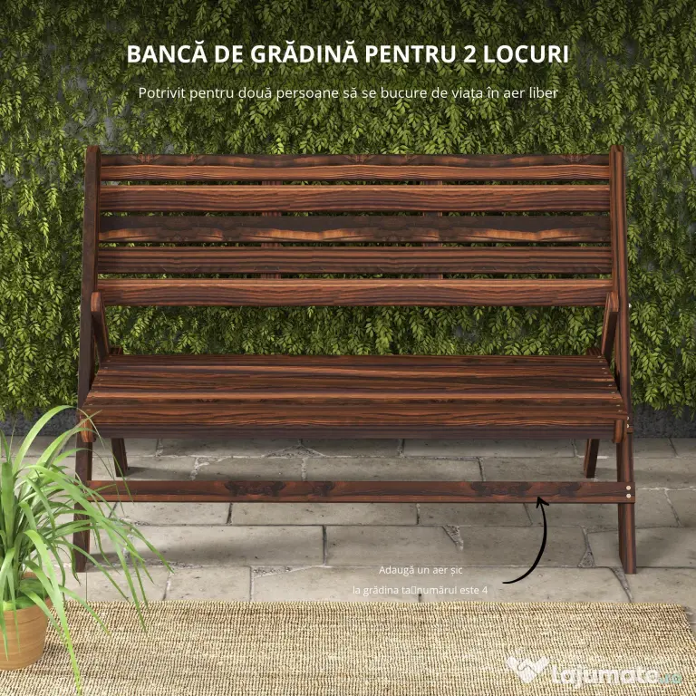 Outsunny Bancă de Exterior din Lemn pentru 2 Persoane, Bancă Pliabilă cu Spătar și Șezut cu Șipci, Bancă pentru Patio, Finisaj Carbonizat | Aosom Romania
