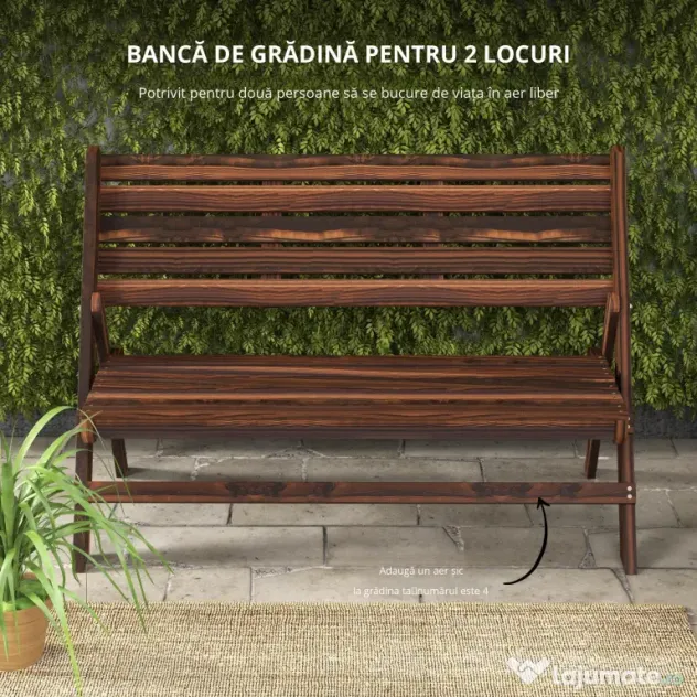 Outsunny Bancă de Exterior din Lemn pentru 2 Persoane, Bancă Pliabilă cu Spătar și Șezut cu Șipci, Bancă pentru Patio, Finisaj Carbonizat | Aosom Romania