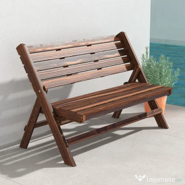Outsunny Bancă de Exterior din Lemn pentru 2 Persoane, Bancă Pliabilă cu Spătar și Șezut cu Șipci, Bancă pentru Patio, Finisaj Carbonizat | Aosom Romania