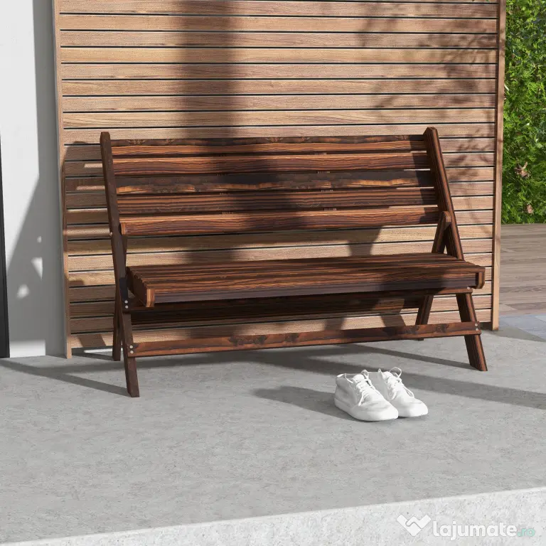 Outsunny Bancă de Exterior din Lemn pentru 2 Persoane, Bancă Pliabilă cu Spătar și Șezut cu Șipci, Bancă pentru Patio, Finisaj Carbonizat | Aosom Romania