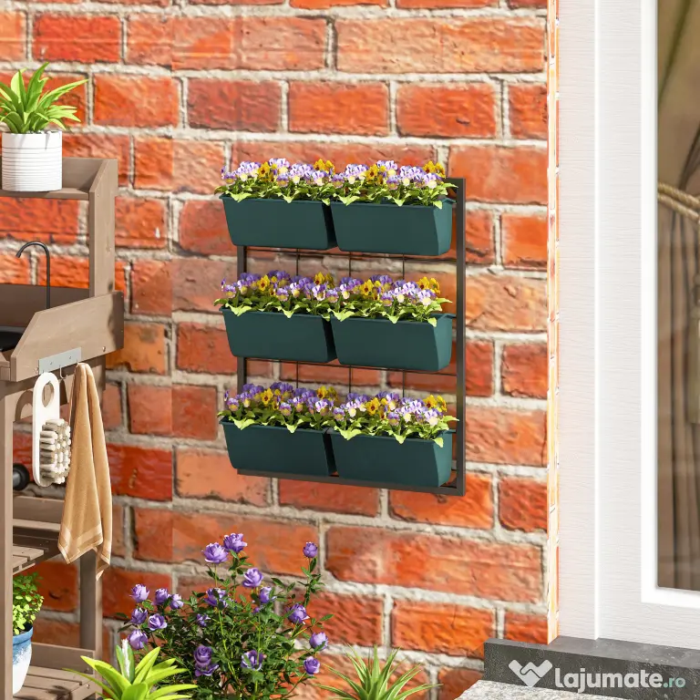 Outsunny Jardiniera de perete pe 3 nivele cu 6 ghivece pentru interior si exterior, Jardiniera cu montare pe perete