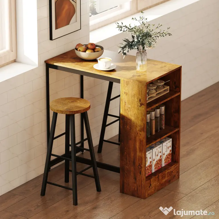 HOMCOM Set de Masă de Bar și Scaune cu Raft de Depozitare, 91x49x91 cm, Maro Rustic | Aosom Romania