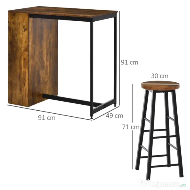 HOMCOM Set de Masă de Bar și Scaune cu Raft de Depozitare, 91x49x91 cm, Maro Rustic | Aosom Romania