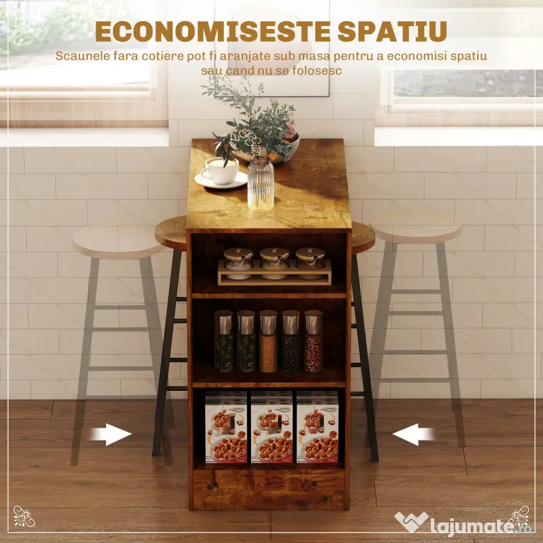 HOMCOM Set de Masă de Bar și Scaune cu Raft de Depozitare, 91x49x91 cm, Maro Rustic | Aosom Romania