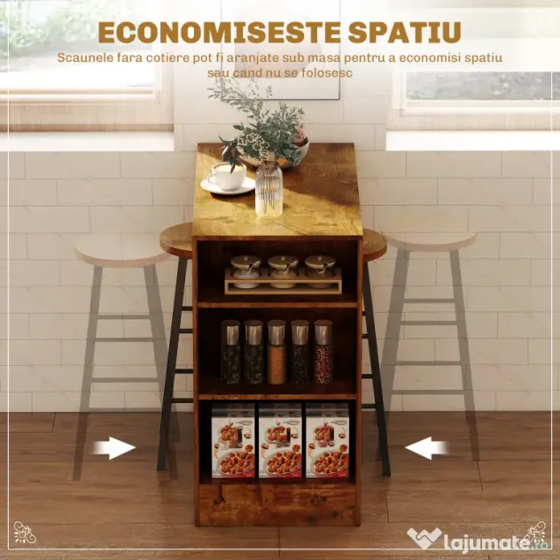 HOMCOM Set de Masă de Bar și Scaune cu Raft de Depozitare, 91x49x91 cm, Maro Rustic | Aosom Romania