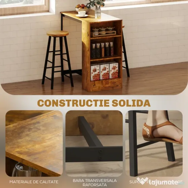 HOMCOM Set de Masă de Bar și Scaune cu Raft de Depozitare, 91x49x91 cm, Maro Rustic | Aosom Romania