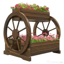 Outsunny Jardinieră în Lemn pentru Exterior pe 2 Nivele cu 3 Ghivece și Roți de Căruță în Stil Rustic, 64x54x60 cm