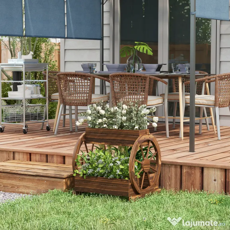 Outsunny Pat de Gradină Înălțat pe 2 Nivele, Jardiniere Căruță din Lemn Finisaj Carbonizat cu Orificii de Drenaj pentru Legume, Flori | Aosom Romania