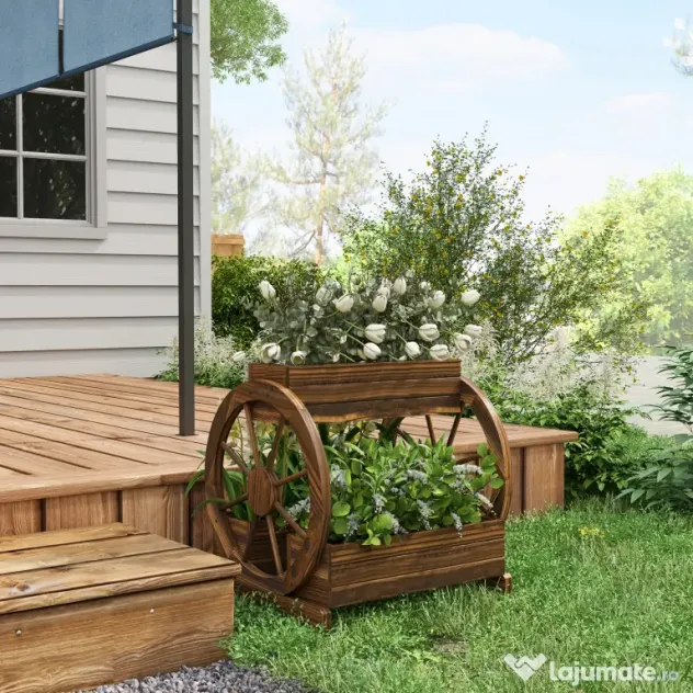 Outsunny Pat de Gradină Înălțat pe 2 Nivele, Jardiniere Căruță din Lemn Finisaj Carbonizat cu Orificii de Drenaj pentru Legume, Flori | Aosom Romania
