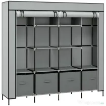 HOMCOM Dulap Portabil din Material Textil și Oțel, Garderobă cu 10 Rafturi, 4 Sertare și 2 Bare, 166x42,5x169,5 cm, Gri | Aosom Romania