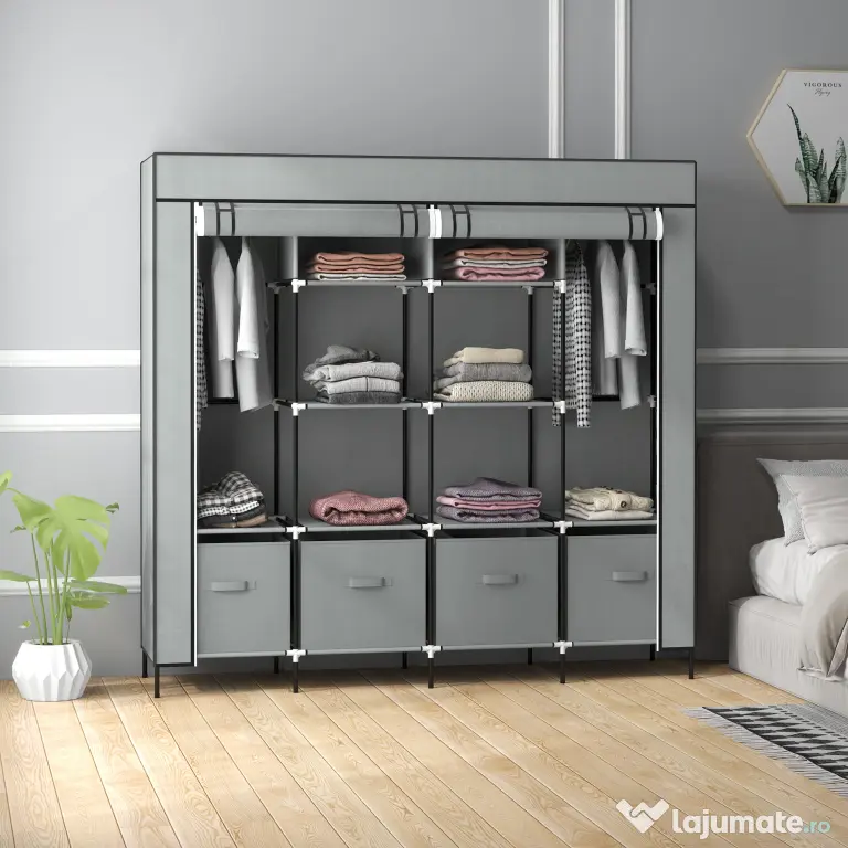 HOMCOM Dulap Portabil din Material Textil și Oțel, Garderobă cu 10 Rafturi, 4 Sertare și 2 Bare, 166x42,5x169,5 cm, Gri | Aosom Romania