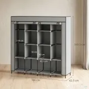 HOMCOM Dulap Portabil din Material Textil și Oțel, Garderobă cu 10 Rafturi, 4 Sertare și 2 Bare, 166x42,5x169,5 cm, Gri | Aosom Romania 