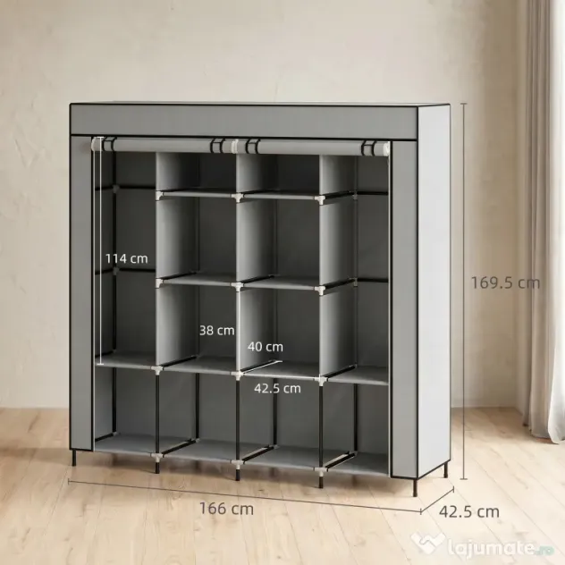 HOMCOM Dulap Portabil din Material Textil și Oțel, Garderobă cu 10 Rafturi, 4 Sertare și 2 Bare, 166x42,5x169,5 cm, Gri | Aosom Romania