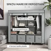 HOMCOM Dulap Portabil din Material Textil și Oțel, Garderobă cu 10 Rafturi, 4 Sertare și 2 Bare, 166x42,5x169,5 cm, Gri | Aosom Romania 